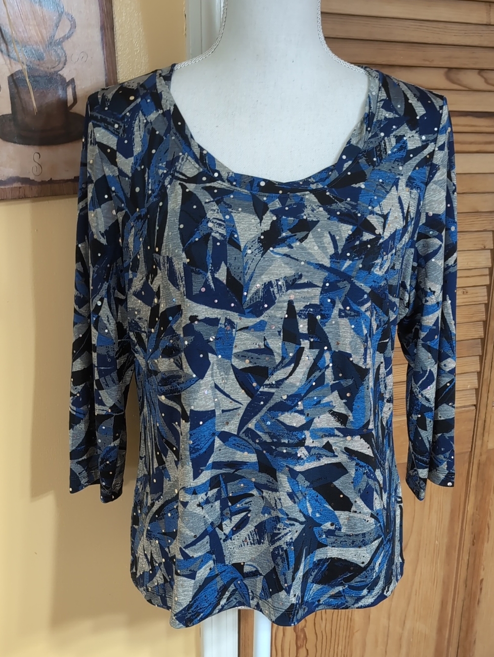 Laura Ashley Petite Blue and Gray Abstract Sequins Scoop Neck 3/4 Sleeve Top PL